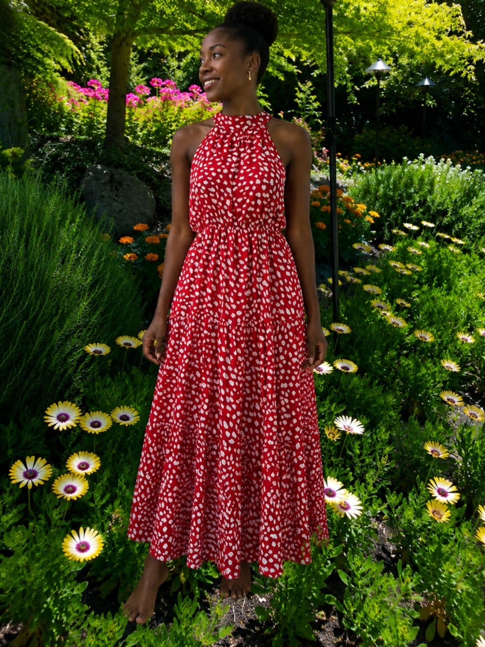Red Halter Polka-Dot Maxi Dress, Size S